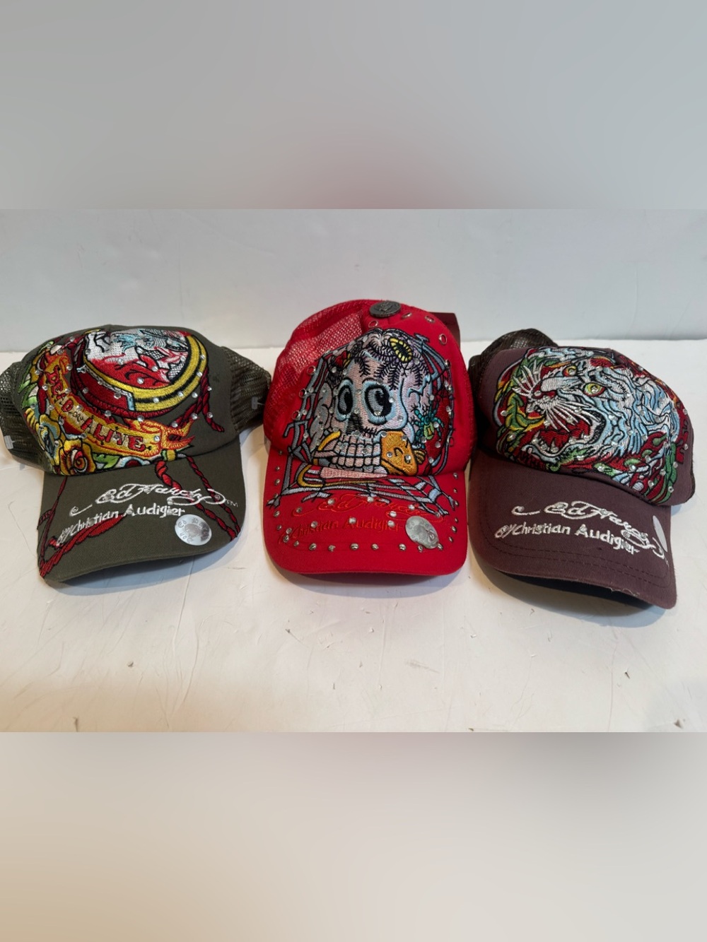 Ed Hardy Red Skull Mesh Trucker Hat with Embroidered Graphics and sparkles